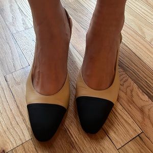 Chanel Goatskin Grosgrain Cap Toe CC Slingback Pumps